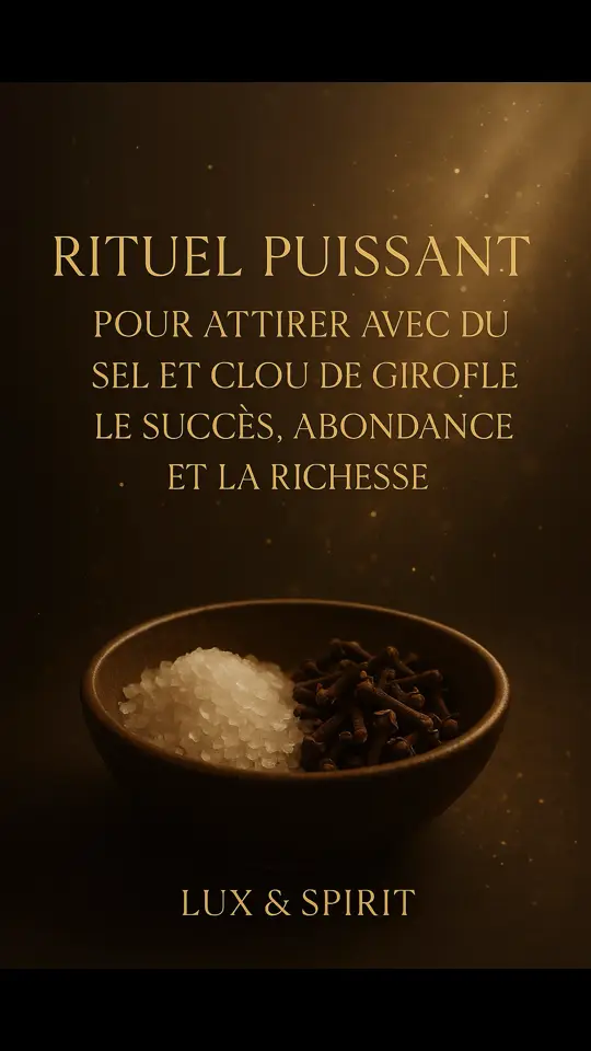 Ingrédients magiques : 🧂 Sel (purification & protection) 🌿 Clous de girofle (attraction & prospérité) 🕯️ Le rituel : 	1.	Dans un petit bol, mélange 3 pincées de sel avec 7 clous de girofle. 	2.	Pose tes deux mains au-dessus du mélange. 	3.	Ferme les yeux et visualise une pluie dorée tombant sur toi, t’entourant d’opportunités, d’argent, de reconnaissance. 	4.	Dis à voix haute : « J’attire le succès, l’abondance et la richesse divine. Tout ce que je touche se transforme en or. Il en est ainsi. » 🔮 Garde le mélange chez toi ou place-le dans un sachet sous ton oreiller pendant 7 nuits. 💰 Rappel : Ce rituel est puissant. Fais-le avec foi et intention claire. #rituelpuissant #magie #rituels #LUXandSPIRIT  #spiritualité  #protection #witchcraft #manifest #attire