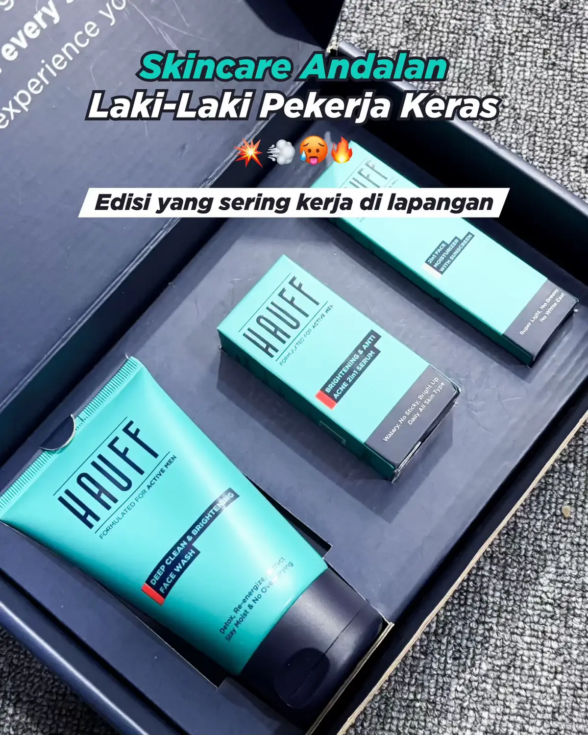 Basic skincare yg gak cuma bersihin wajah tapi juga mencerahkan wajah kusam dan protect dr polusi dan sinar matahari😎✨ #hauff #paketskincare #skincarebasic #skincarecowok #hauffmen #tipsglowup 