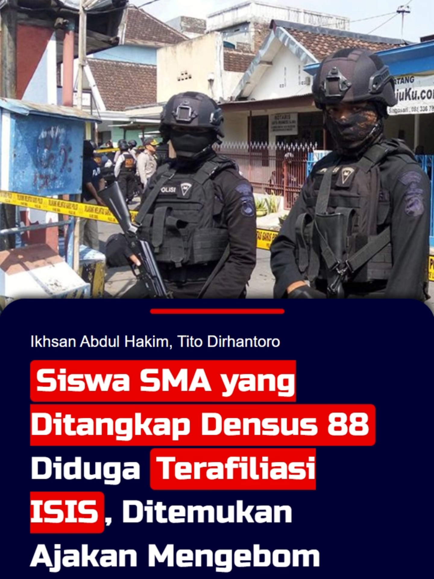 Siswa SMA berinisial MAS (18) yang ditangkap Detasemen Khusus atau Densus 88 di Gowa, Sulawesi Selatan diduga terafiliasi jaringan terorisme ISIS. Demikian hal tersebut disampaikan oleh Pejabat Pengelola Informasi dan Dokumentasi (PPID) Densus 88 AKBP Mayndra Eka Wardhana. Sahabat KompasTV juga bisa memperoleh informasi terkini melalui website: www.kompas.tv #siswa #sma #pelajar #siswasma #densus88 #polri #teror #grup #whatsapp #bom #gowa #sulawesiselatan