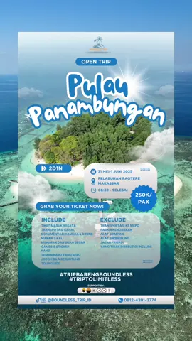 Ke panambungan lagi yukk bareng boundless trip 😁💙🏝️ #travel #traveling #opentrip #makassar #sulsel #fyp #boundless_trip_id #explore #island #privatetrip #panambunganisland 