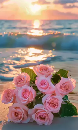 🌹 Sunset & Softness 🌅 A tender bouquet of blush pink roses resting on the shore, kissed by the golden glow of a seaside sunset. A dreamy scene where love meets the ocean breeze. #RomanticVibes #BeachRoses #SunsetSerenity #BlushBlooms #SeasideLove #GoldenHourMagic #FloralWhispers #OceanRomance #SoftElegance #CoastalDreaming 