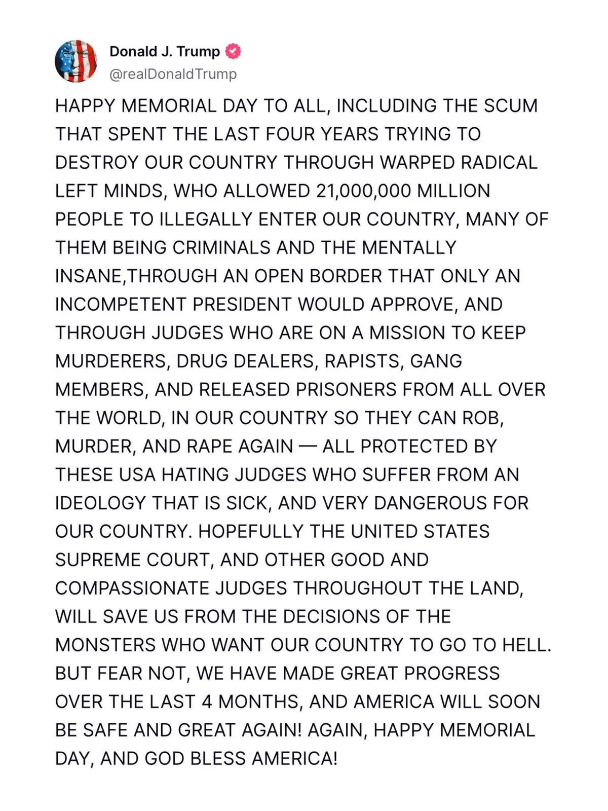 President Trump just posted this Memorial Day Message on Truth Social. #memorialday #trumpeffect #truthsocial #trumptok #maga #magatok 