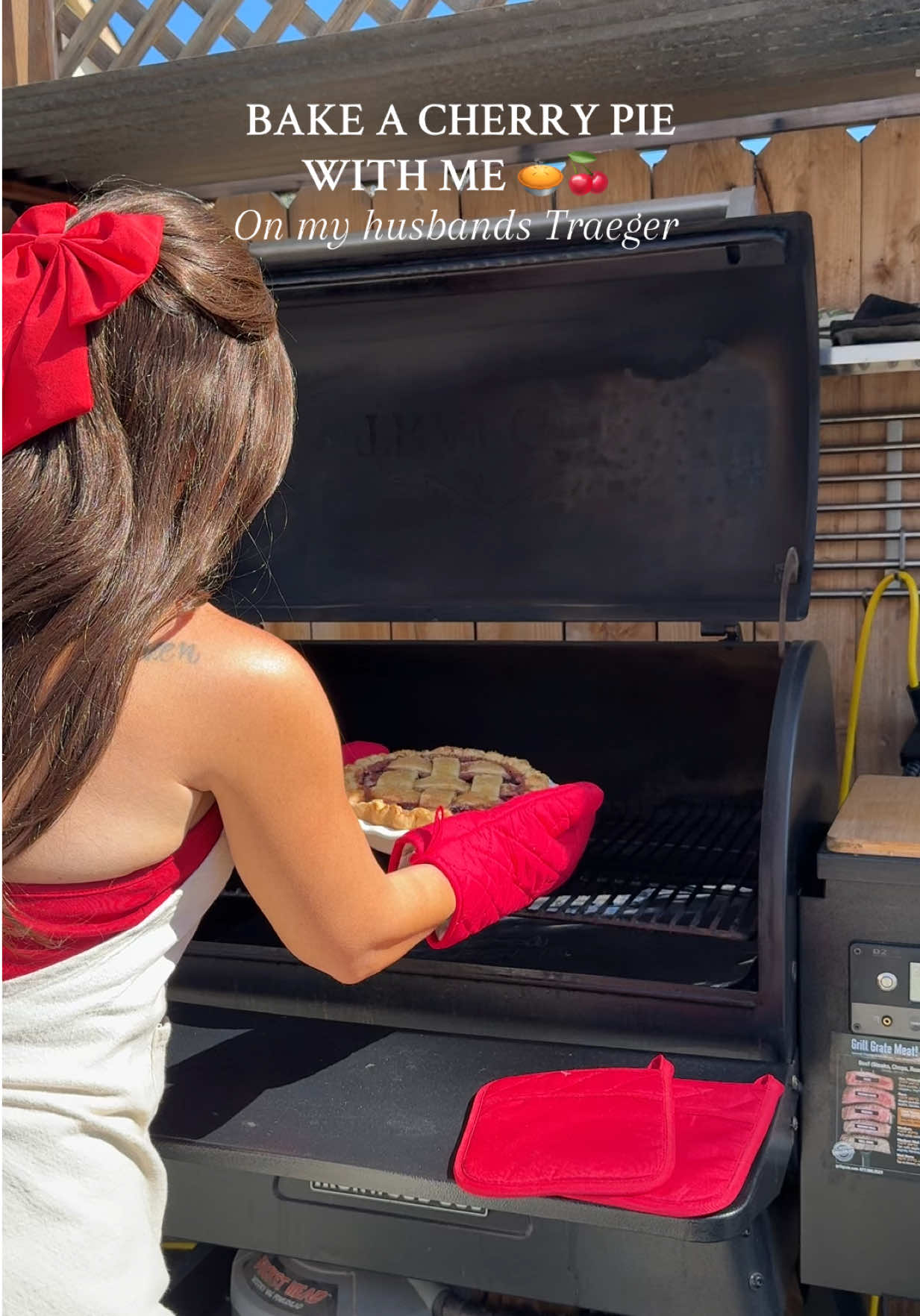 It rocked his world, just like me.  RECIPE ✨ CRUST: 2 1/2 cups flour  1/2 tsp salt  1 cup butter flavored shortening  1 egg 1/2 cup cold water  1 tbsp apple cider vinegar  FILLING: 6 cups cherries (I used frozen) 1 tbsp lemon juice  5 tbsp corn starch  3/4 cup sugar  1/2 tsp cinnamon  1 tbsp unsalted butter  Bake at 425 for 15 minutes, then 350 for 20-25 minutes.  #BakeWithMe #cherrypie #traeger  #momlife #momtok #MomsofTikTok #twinmom #sahm #sahmsoftiktok #relatablemomcontent #realisticmomlife #fy #fyp #viral @Traeger Grills 