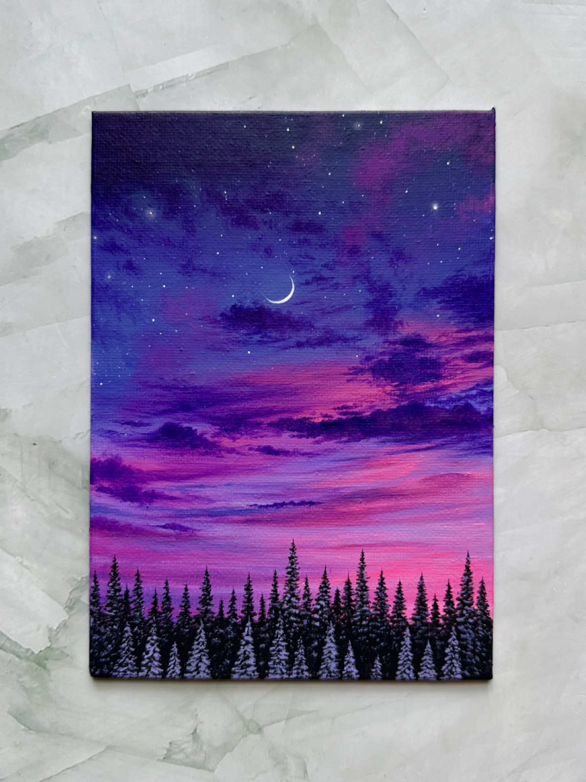 frosted pines & violet skies 🌙💜✨ i loveee how this dreamy sunset turned out 🥹 what are your thoughts? my sh0p + supplies are linked in my bio ♡ 🎨: navy blue, violet, purple, purple pizzazz, light magenta, light pink, pink frosting, black, titanium white, green to mix in with black #acrylicpainting #dreamyart #paintingprocess #arttok #sunsetpainting