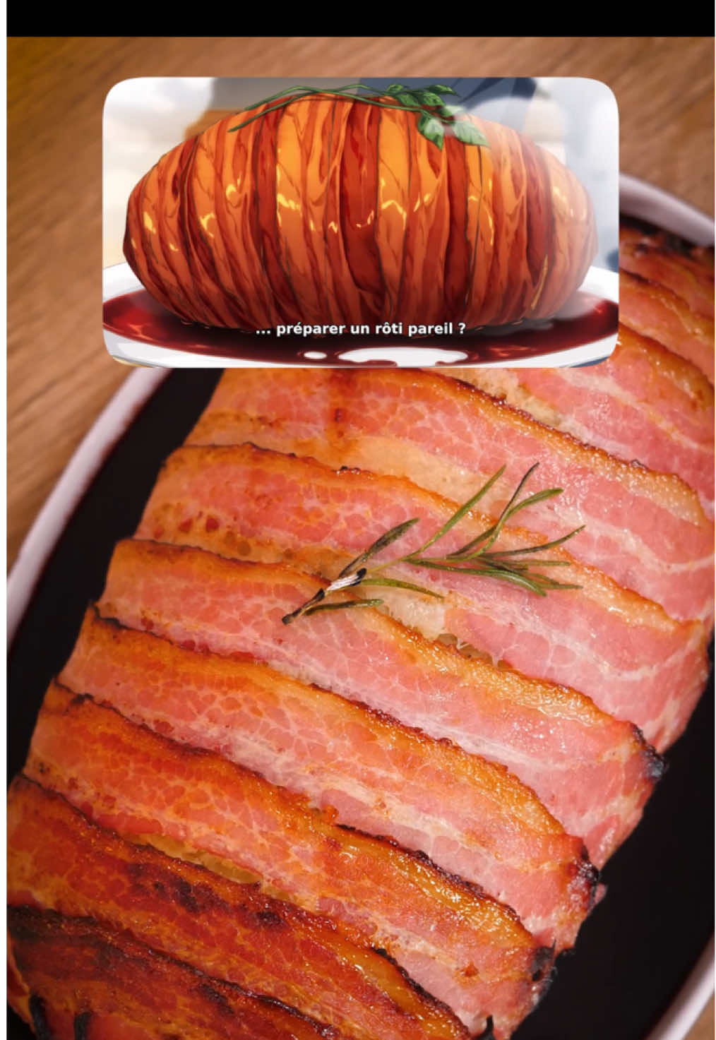Le légendaire rôti de Food Wars! Abonne-toi pour d’autres recettes venues des Anime ! Cette semaine je lance une série spéciale Food Wars! à l’occasion de la sortie en librairie de mon livre de cuisine(va choper ton exemplaire d’ailleurs) mais aussi parce que c’est un bon moyen de vous apprendre des vrais trucs en cuisine et de vous permettre de reproduire des plats de dingues facilement !  Alors avec @Qistoh, on a décidé de faire ça dans les règles de l’art, tu te rappelles du rôti inimitable du 1er épisode de l’anime, on est parti !  Voici les ingrédients dont tu auras besoin :  Pour le rôti :  8 pdt à purée 6 Shiitakés ou champignons de Paris 1 Oignon 1 branche de romarin 1 cuil. à soupe d’huile 30 g de beurre  12 Tranches de poitrine fumée (tu peux utiliser du bacon de volaille si tu veux) 150 g de beurre pour la purée Sel, poivre Pour la sauce :  1 échalotte 75 cl de vin rouge  5 cl de sauce soja 1 cuil. à soupe de mirin ou de saké doux ou de vinaigre de cidre 1 à 2 cuil. à soupe de miel  2 carré de chocolat noir 80 g de beurre 1/ Tu mets les pommes de terre au four à 180 °C pendant 30 à 40 min (tu peux les cuire à la casserole si t’as pas de four) 2/ Tu cisèles les échalotes, l’oignon, et tu haches finement les champignons 3/ Tu fais revenir l’oignon et les champignons au beurre. Tu sales et tu poivres finement et tu fais suer tout ça pendant 5 à 6 min. 4/ Tu haches finement le romarin.  5/ La sauce : tu fais revenir les échalotes dans le beurre puis tu ajoutes le vin et les liquides. Tu fais réduire un max avant d’ajouter le miel et le chocolat noir. Vérifie l’assaisonnement. 6/ On sort les pommes de terre du four, on les écrase à la fourchette et on ajoute le beurre, les légumes hachés revenus etle romarin.  7/ On façonne en roti et on fait prendre au froid, c’est plus simple pour la forme et la cuisson. 8/ On met dans la poitrine fumée puis on remet au froid pour que ca tienne bien à la cuisson. Si tu veux gagner du temps, laque au miel et enfourne direct à 200 °C pendant 20 min. 9/ Là y a plus qu’à servir et à déguster !   #foryou   #foryoupage   #fyp   #viral   #tiktokfr   #animefood  