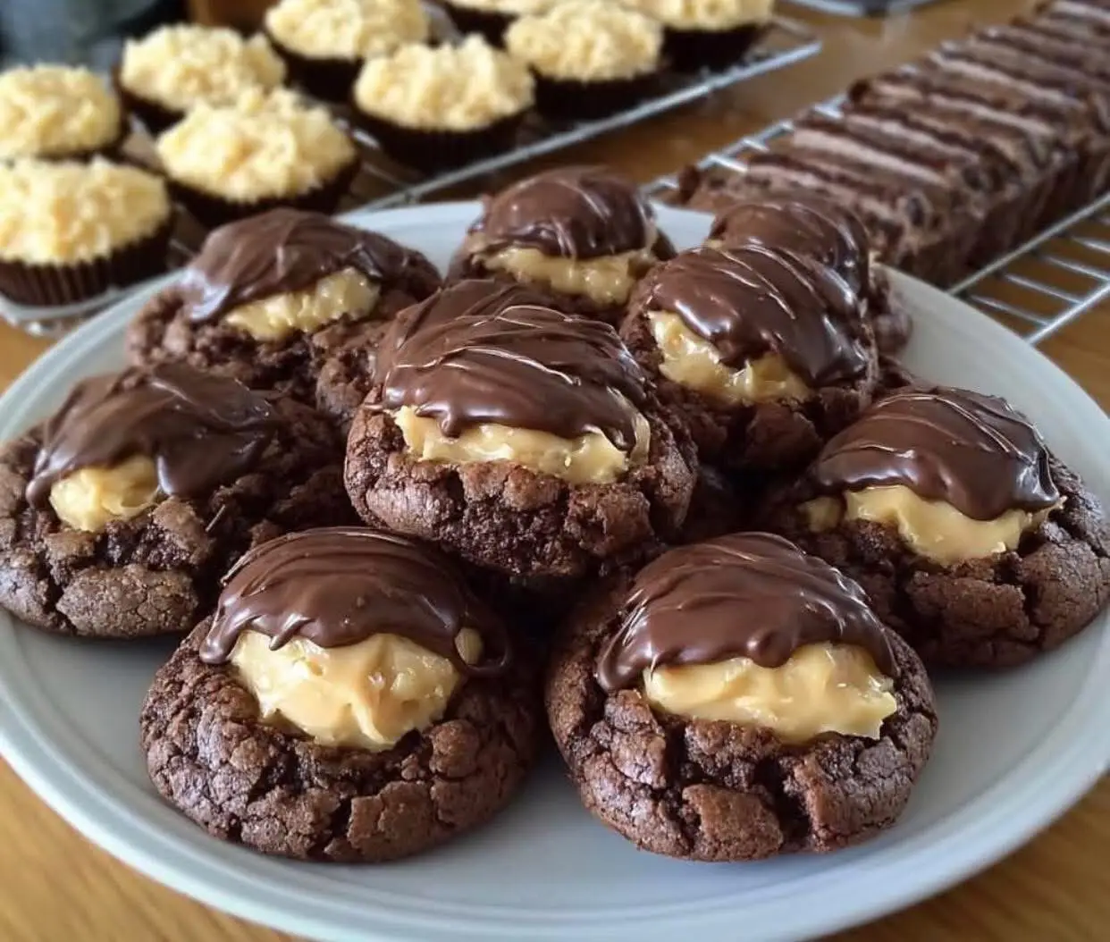 Buckeye Brownie Cookies Ingredients: 1 box brownie mix (18–19 oz) 1/4 cup all-purpose flour 1/4 cup vegetable oil 1 egg Peanut Butter Filling: 3/4 cup creamy peanut butter 3/4 cup powdered sugar Chocolate Topping: 1 cup semi-sweet chocolate chips 1 tbsp butter Preparation: Preheat oven to 350°F (175°C). Line a baking sheet with parchment. Mix brownie mix, flour, oil, and egg until a thick dough forms. Scoop and roll into balls; place on the sheet and slightly flatten. Bake 8–10 minutes until edges are set. Cool. Mix peanut butter and powdered sugar; roll into small balls and press onto each cooled cookie. Melt chocolate chips and butter; spoon over peanut butter layer. Let set until firm. Enjoy!