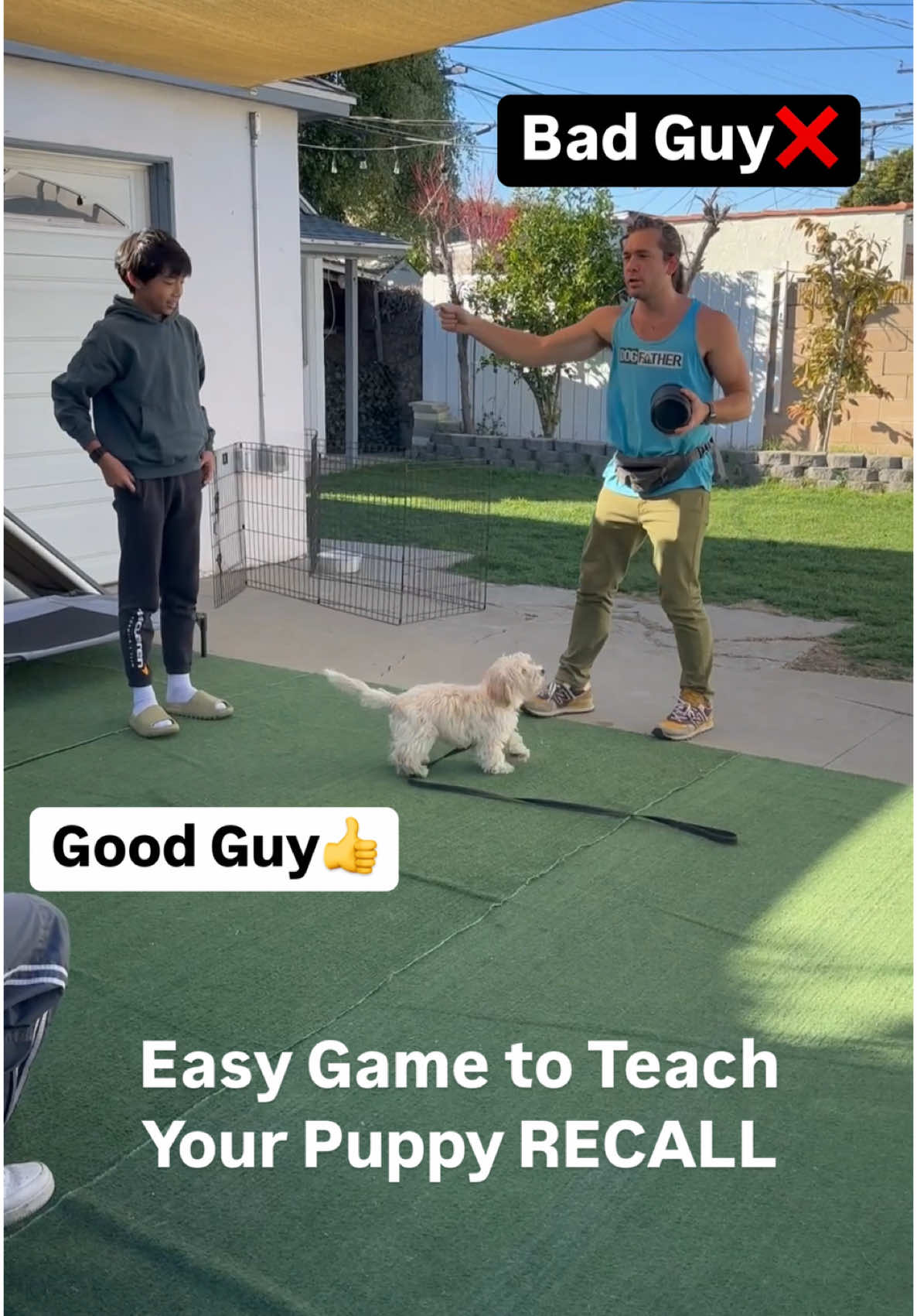 This dog family learns the Bad Guy Good Guy game with their puppy for the first time! This is a great training game to play with your dog too, to expand on their Recall abilities while adding distractions.  HOW TO PLAY: • one person is the “bad guy” and provides distraction for the dog by making noises, giving affection, holding treats. Just make sure that the “bad guy” does NOT say the dog’s name! • the handler is the “good guy” and uses a recall command to bring the pup to them. The goal is to teach the dog to ignore the distraction and refocus on the ‘good guy’ who has the reward.  Follow for more fun dog training tips🐾 #DogTraining #dogtrainer #puppytraining #trainingtips #positivereinforcement #dogobedience #puppyobedience #familydog #dog #puppy 
