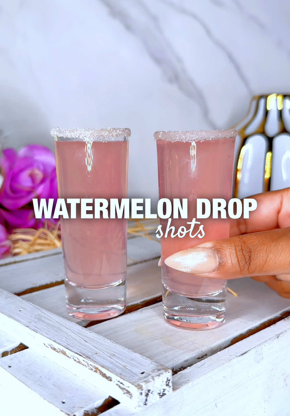 Because I know you have a watermelon around today and making these would just make sense 😅🍉  Watermelon Drop Shots 🍉✨  2 oz Vodka 1 oz Orange liqueur 1 oz lemon juice 2 oz Watermelon juice Rim: sugar ————- 1- in an ice filled shaker combine your ingredients, then shake 2- rim your shot glasses then strain 3- serve cold #cheers    #cocktailswithwhiskey  #memorialday  #Recipe  #drinks  #cocktails #cocktailrecipe #recipeoftheday