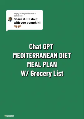 Replying to @Stylelike16th here you go sis!  Chat GPT gave me a meal plan for a Mediterranean diet. Shopping list and all. They came through with a 28 day meal plan. Not all of the details are here this is a great start. Feel free to save this post. Me and hubby start Today!  #MediterraneanDiet #MediterraneanFood #EatMediterranean #MealPrep #WhatIEatInADay #FoodTok #nutritiontips #GutHealth #HealthyLifestyle #HealthyFood #EatHealthy