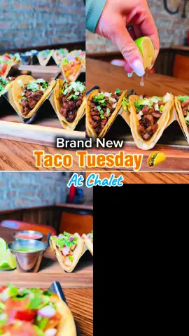 🌮 Taco Tuesday is HERE! 🌮 Join us this Tuesday May 27th for the first-ever Taco Tuesday at Chalet! 🔥 Taco Lineup: 	•	Steak Tacos 	•	Shrimp Tacos 	•	Fried Chicken Tacos 	•	Chipotle Chicken Tacos 🍹 Drink Specials: 	•	$7 Reposado Shots 	•	$10 Margaritas 	•	50% Off Margarita Towers Don’t miss it — the party starts now! 💃🏽🍹🌮 #TacoTuesdayAtChalet #ChaletChi #TacoTurnUp 