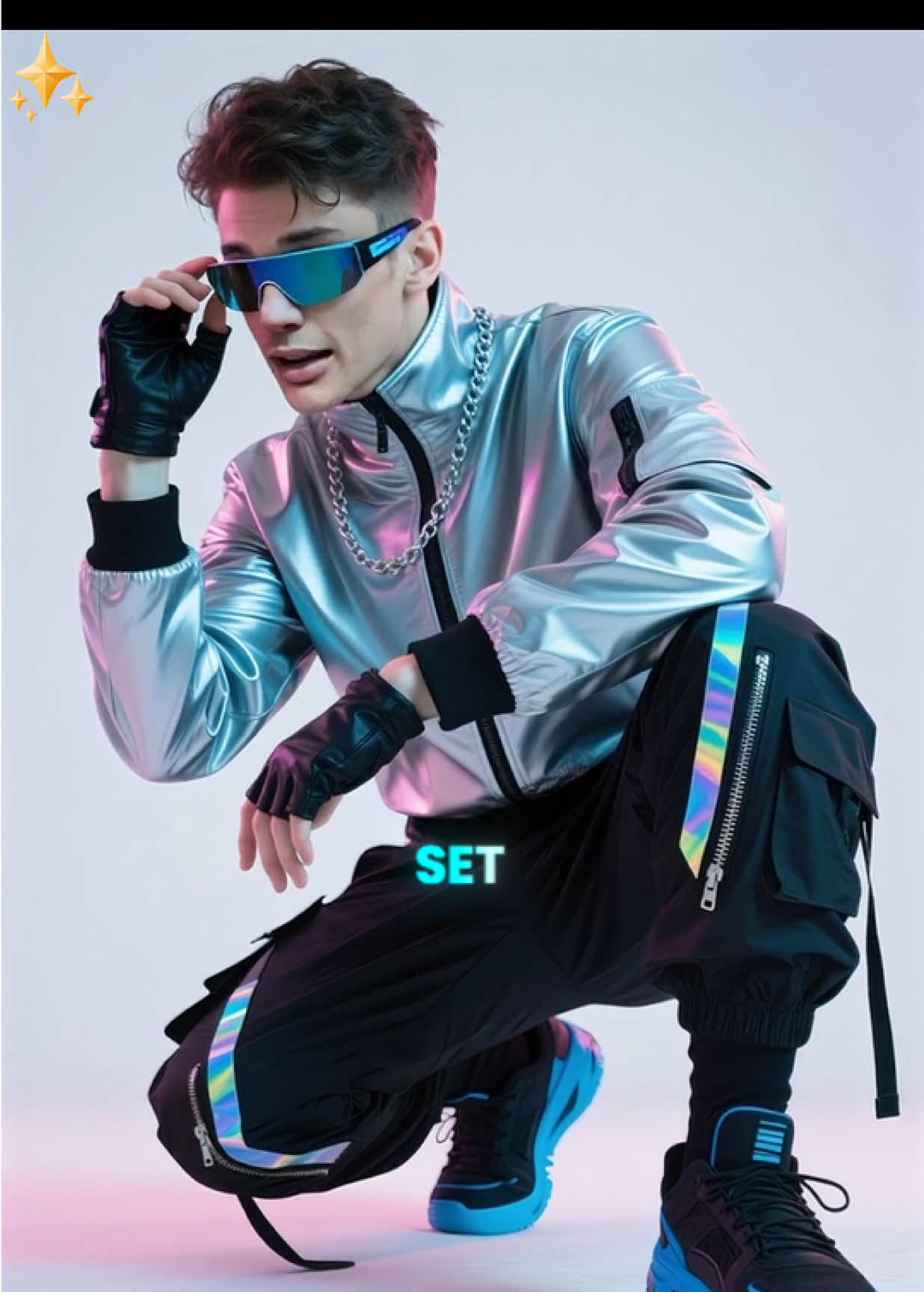 Metal never looked this cool ⚡️#ChromeStreetSet This week’s spotlight: the Chrome Street Set. Featuring a metallic silver bomber, holo-detailed cargos, and bold blue kicks — made for the spotlight. Available now at Wamaaz.com Follow for more futuristic fashion. #ChromeStreetSet #Wamaaz #FuturisticFashion #MensStyle #AIOutfit #StreetwearVibes #TikTokFashion #HolographicFit #FashionEdit #ViralLook #OOTD #ModelStyle #ExplorePage #AIModel #15SecStyle #Shorts #ReelsFashion