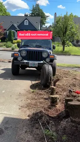 Removing stumps with a tire and a #jeep. #landscape #jeeplife #jeep #badass 