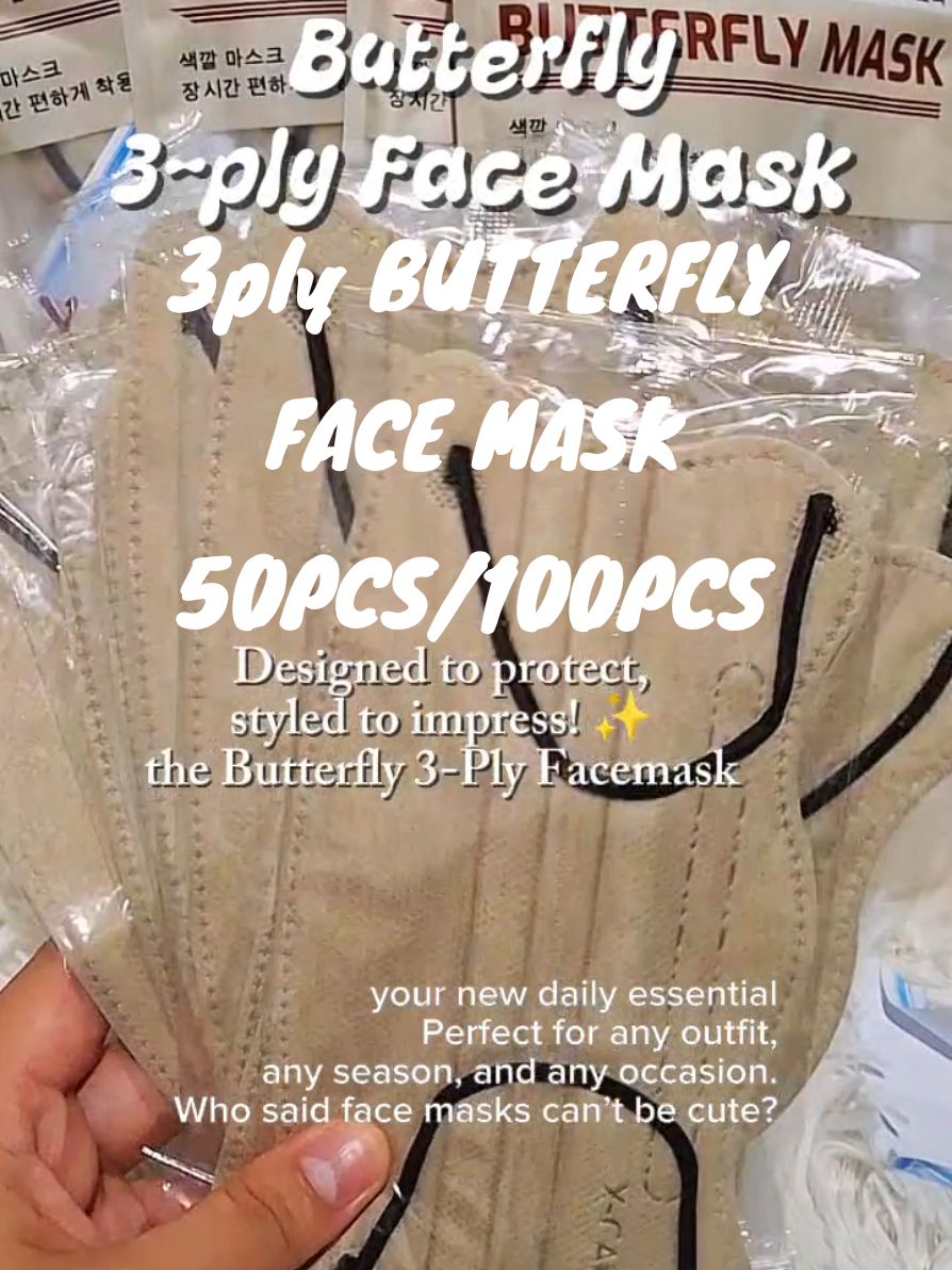 50pcs? 100 pcs facemask?Designed to protect, styled to impress — the Butterfly 3-Ply Facemask is your new daily essential. Perfect for any outfit, any season, and any occasion. Who said face masks can’t be cute? #facemask  #butterflyfacemask  #dailyessentials  #koreaninspired  #everydaychic  #3plymask  #tiktokshop  #fyp 