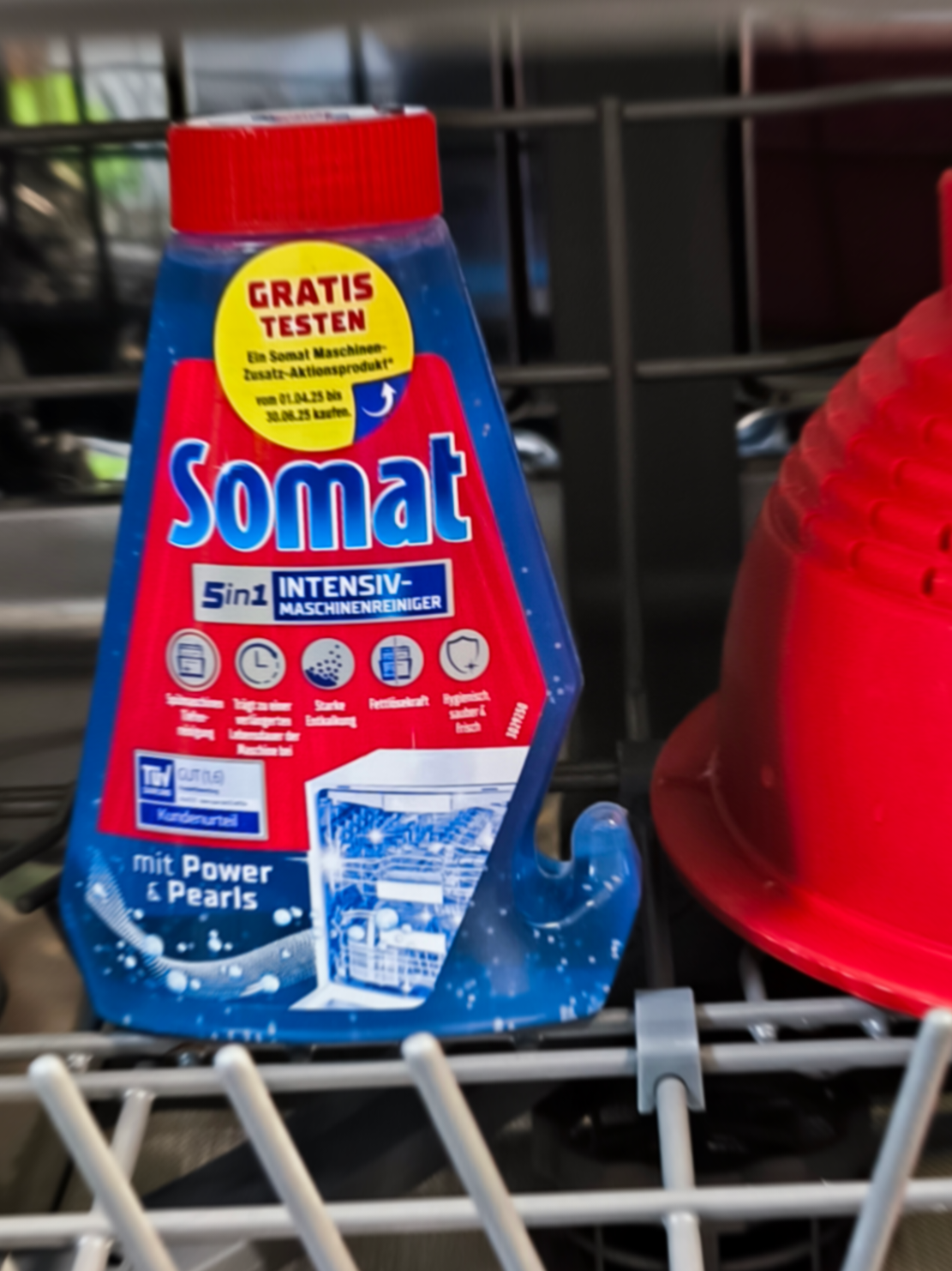 #Werbung durch Verlinkung  Die Marke @somat_deutschland  kennen die Meisten von uns ja in Form von Cabs oder Tabs für die Spülmaschine.  Aber auch den Intensiv-Maschinen­-Reiniger haben sie im Sortiment, um die Spülmaschine zu säubern. Auch bei diesem Reiniger steht die 5-in-1 Kraftformel im Vordergrund. Sinn und Zweck dahinter ist, die Maschine auch im Inneren, den  Brausen und den Filter von Ablagerungen und Verschmutzungen zu befreien. Die Anwendung ist super simpel, denn man entfernt einfach die Folie am Deckel, stellt die Flasche in der leeren Maschine in den Besteckkorb oder wenn genügend Platz ist, kann man sie am Haken der Flasche auch aufhängen, danach startet man die Maschine im Reinigungsprogramm oder auf 60° und wartet bis das Programm durchgelaufen ist.  Die neuen Power-Pearls sorgen für eine noch bessere Reinigungsleistung. Besonders beeindruckend fand ich, dass auch die Dichtungen der Maschine wirklich sauber geworden sind. Unangenehme Gerüche, Wasserflecken oder Kalkablagerungen sind danach deutlich verschwunden und die Spülmaschine riecht auch angenehmer nach Zitrone. Eine Neuerung gibt's neben den Power-Pearls noch, denn die Flasche lässt sich noch besser recyceln als vorher. #somat_trnd #somat @trnd_de  #trnd_dach #ü40blogger #cleaning #spülmaschine #spülmaschinenreiniger #küche #fresh #kiddymaus #produkttest 