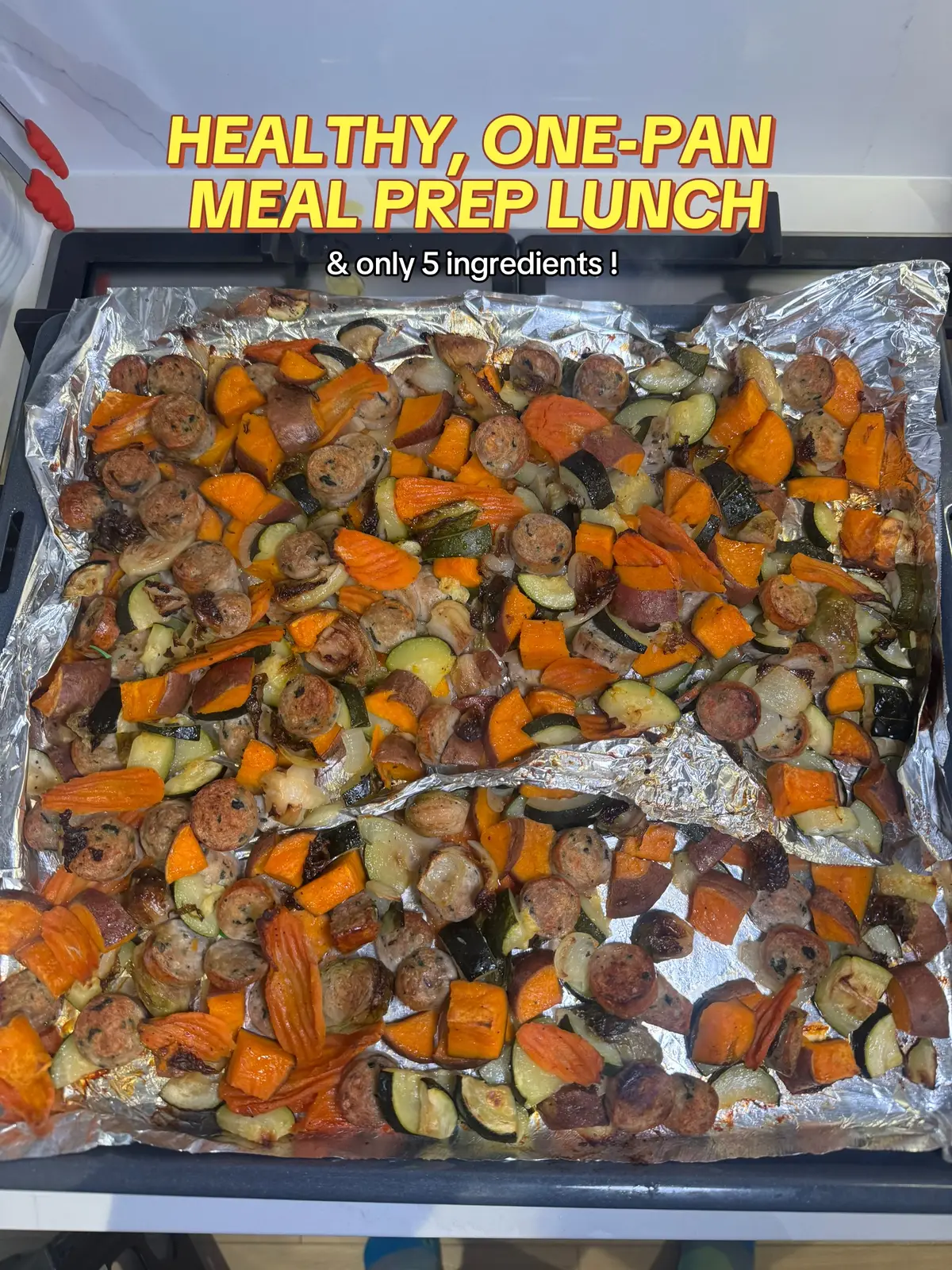 healthy, 5-ingredient, one-pan meal prep lunches for the week !! 🗣️  INGREDIENTS • chicken sausage package of your choice • sweet potato  • brussel sprouts • zucchini • 1/2 onion • carrot chips (any veggies work! i usually use whatever i have in my fridge) INSTRUCTIONS 1. preheat oven to 400 degrees.  2. wash veggies 3. chop all veggies + chicken sausages and place into a big mixing bowl 4. coat in olive oil and mix around  5. transfer bowl of goodies to a lined baking sheet  6. salt & pepper to your liking 7. bake @ 400 for 20-30 minutes (keep peaking in the oven til you see the goodies browning) enjoy your #healthymealprep lunches !!  #worklunch #mealprepideas #mealpreplunch #worklunchideas 