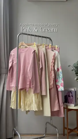 Perpaduan warna cream dan pink, sama sama soft dan memberikan kesan feminim yang lembut 🤩  Product : Kelbi x Haisca, Adelyn x Basic Skirt, Somi x Minfa, Tadami x Basic silk skirt #fyp #outfitideas #pinkaesthetic 