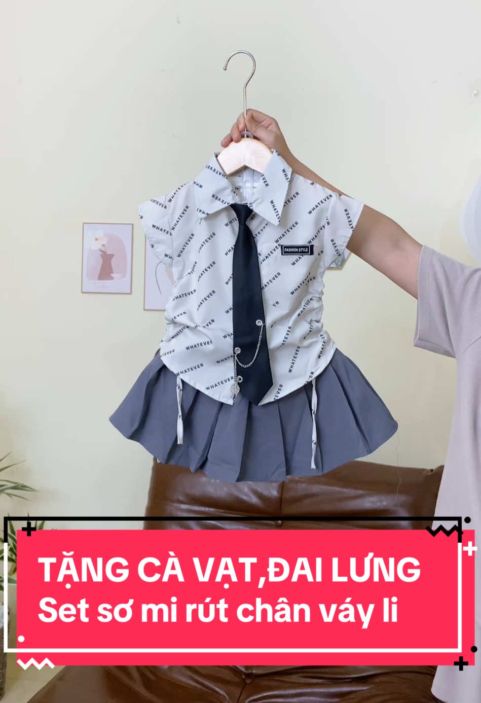 TẶNG ĐAI LƯNG Set áo sơ mi tay hến rút dây phối chân váy li xoè kèm Cà vat sành điệu cho bé #uyennkids #quanaotreem 