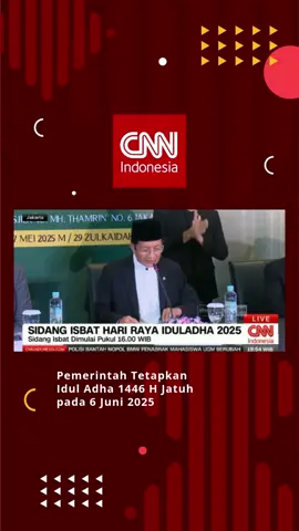 Kementerian Agama (Kemenag) RI resmi menetapkan awal Zulhijjah 1446 Hijriah pada 28 Mei 2025. Dengan demikian, Hari Raya Idul Adha pada 10 Zulhijjah 1446 H jatuh tepat hari Jumat (6/5). Sidang isbat penetapan 1 Dzulhijjah 1446 Hijriah digelar di Auditorium HM Rasjidi, Kantor Kementerian Agama, Jalan MH Thamrin, Jakarta Pusat, Selasa (27/5/2025). Menteri Agama (Menag) RI Nasaruddin Umar memimpin langsung sidang isbat tersebut. #IdulAdha