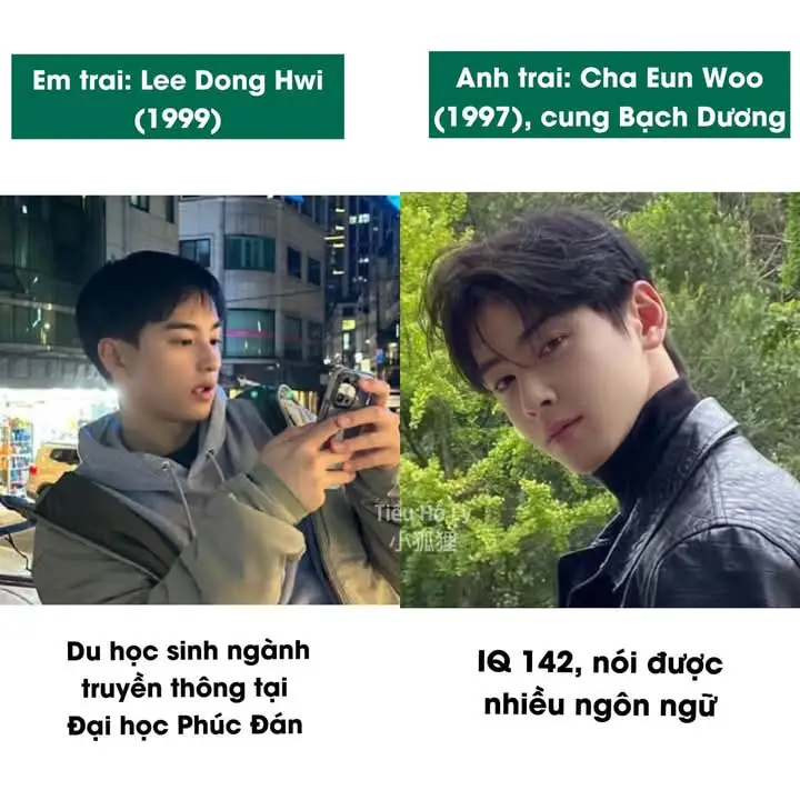 Gen nhà Cha Eun Woo vừa giỏi lại vừa đẹp:  Mới đây trên MXH xuất hiện hình ảnh được cho là em trai Cha Eun Woo tên là Lee Dong Hwi, sinh năm 1999, từng là du học sinh ngành truyền thông tại Đại học Phúc Đán (Đây là trường top ở TQ) Còn Cha Eun Woo cũng là “con nhà người ta” trong truyền thuyết, IQ 142, nói được nhiều thứ tiếng. Bình luận: Thật tò mò xem bố mẹ nhà Cha Eun Woo đẹp như nào mà con lại xuất sắc như thế Anh họ Cha sao em họ Lee —> Cha Eun Woo là nghệ danh thôi Tôi tình nguyện làm em dâu Cha Eun Woo “Hoá ra anh còn có một em trai à?”