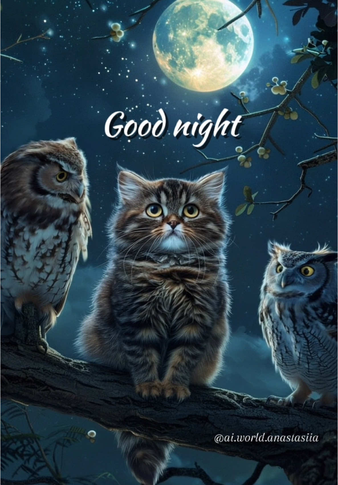 Act natural. You’re one of them now... almost✨🦉🐈🌝✨#aiart #catlover #owl #goodnight #кот