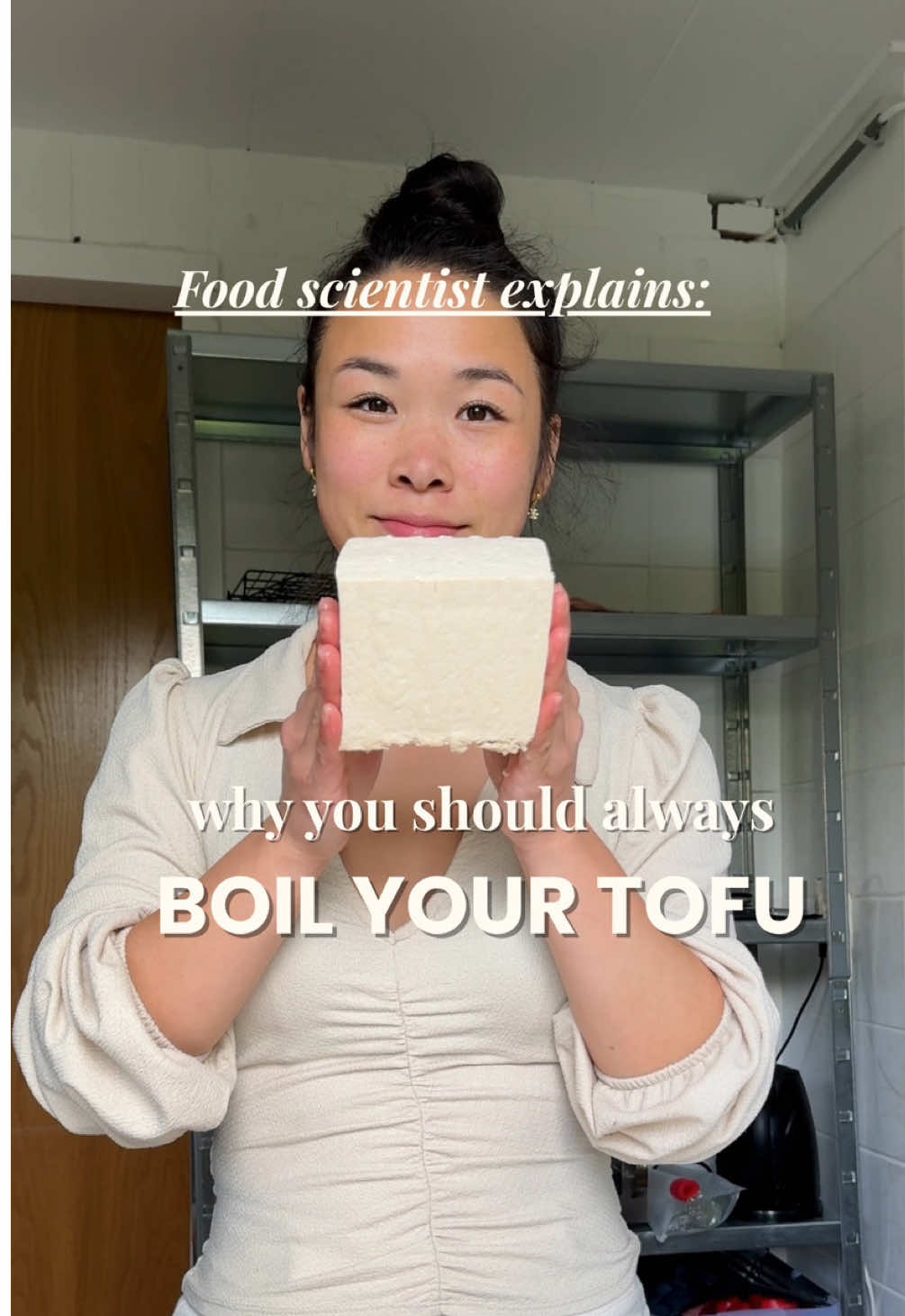 Food scientist explains: why you should always boil your tofu. I see many tofu recipes on this platform, but one crucial step is always missing! It’s boiling! Yes really :) Everyone’s pressing, freezing, marinating overnight — but who decides they are craving tofu a day in advance? My Chinese mom taught me to boil tofu in salted water for the best results.  To be honest,  I was skeptical first but when I thought about the science behind, it all made sense.  Let me explain what is happening: 1. Osmosis of water Water goes out Boiling draws out excess moisture, especially from the surface. If you use salted water, a bit of osmosis kicks in: water moves from the tofu (low salt) to the boiling water (high salt). Salt goes in by diffusion A small amount of salt moves into the tofu, gently seasoning it from within — without making it too salty. 2. The protein network opens up Heat slightly loosens the soy protein structure, kind of like relaxing the tofu’s 