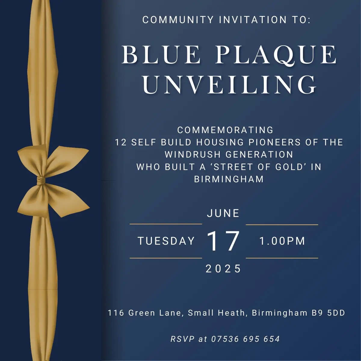 Join us in Birmingham UK for the unveiling of a Blue Plaque commemorating 11 men who were the first Black housing pioneers building thier own home’s in the UK. 