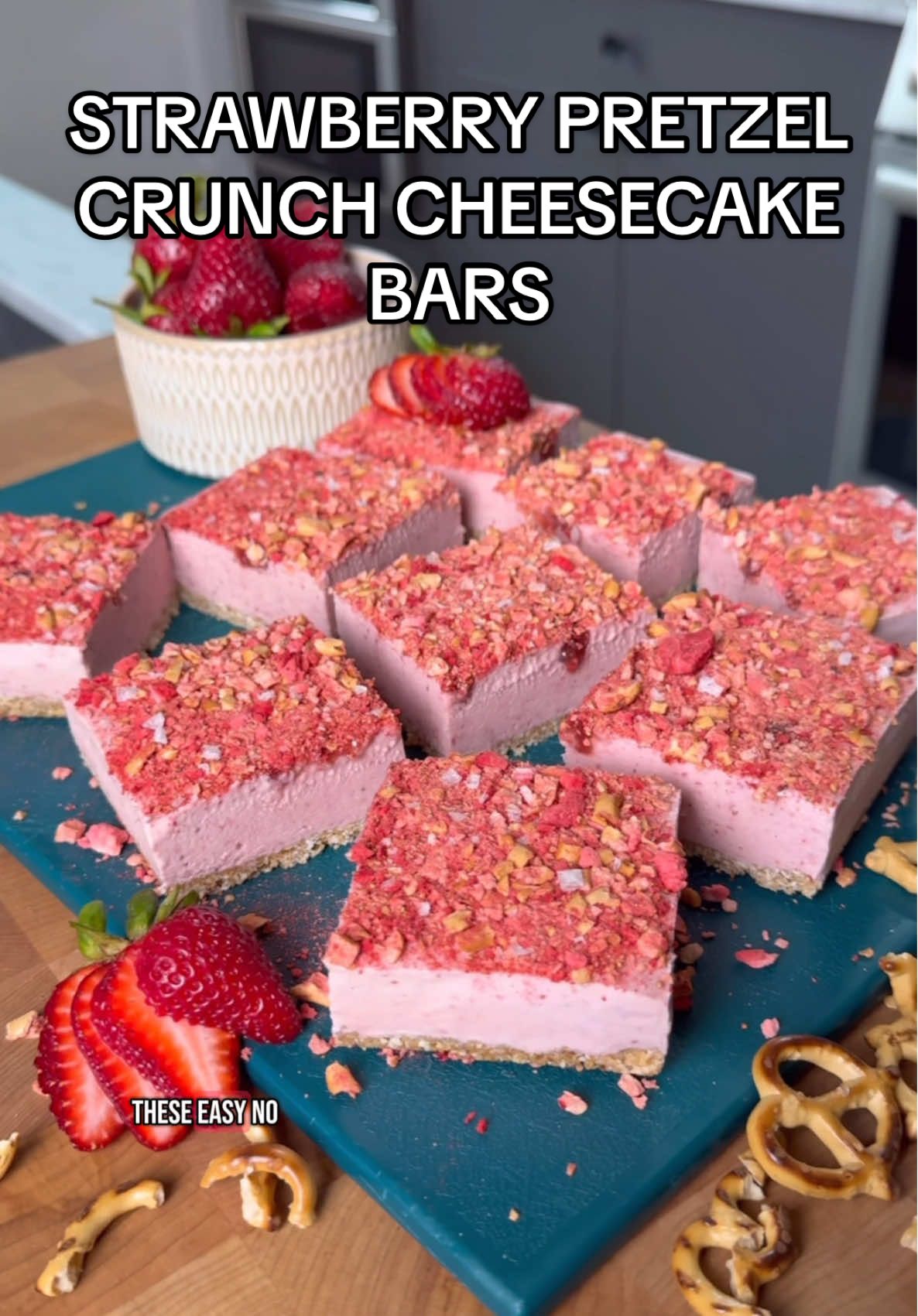 NO-BAKE STRAWBERRY PRETZEL CRUNCH CHEESECAKE BARS (gf, df, refined sugar-free)✨ refreshing & summery, sweet & salty — these easy cheesecake bars with pretzel crust and a crunchy strawberry pretzel topping are a must-make 🍓🥨 With less than 5 ingredients in each of the elements, these are quick and easy to throw together. The hardest part will be waiting for them to freeze 😆 Pretzel Crust: 2 cups gf pretzels 5 large soft medjool dates, pitted  1/4 cup melted coconut oil  1/2 teaspoon salt  Strawberry Filling: 16 oz container dairy-free cream cheese 10 oz frozen strawberries, thawed (you can also use fresh)  1/2 cup maple syrup 1 tsp vanilla For topping:  strawberry jam equal parts crushed freeze-dried strawberries and pretzels (about 1/4 cup each)  Prepare the crust:  Prepare an 8