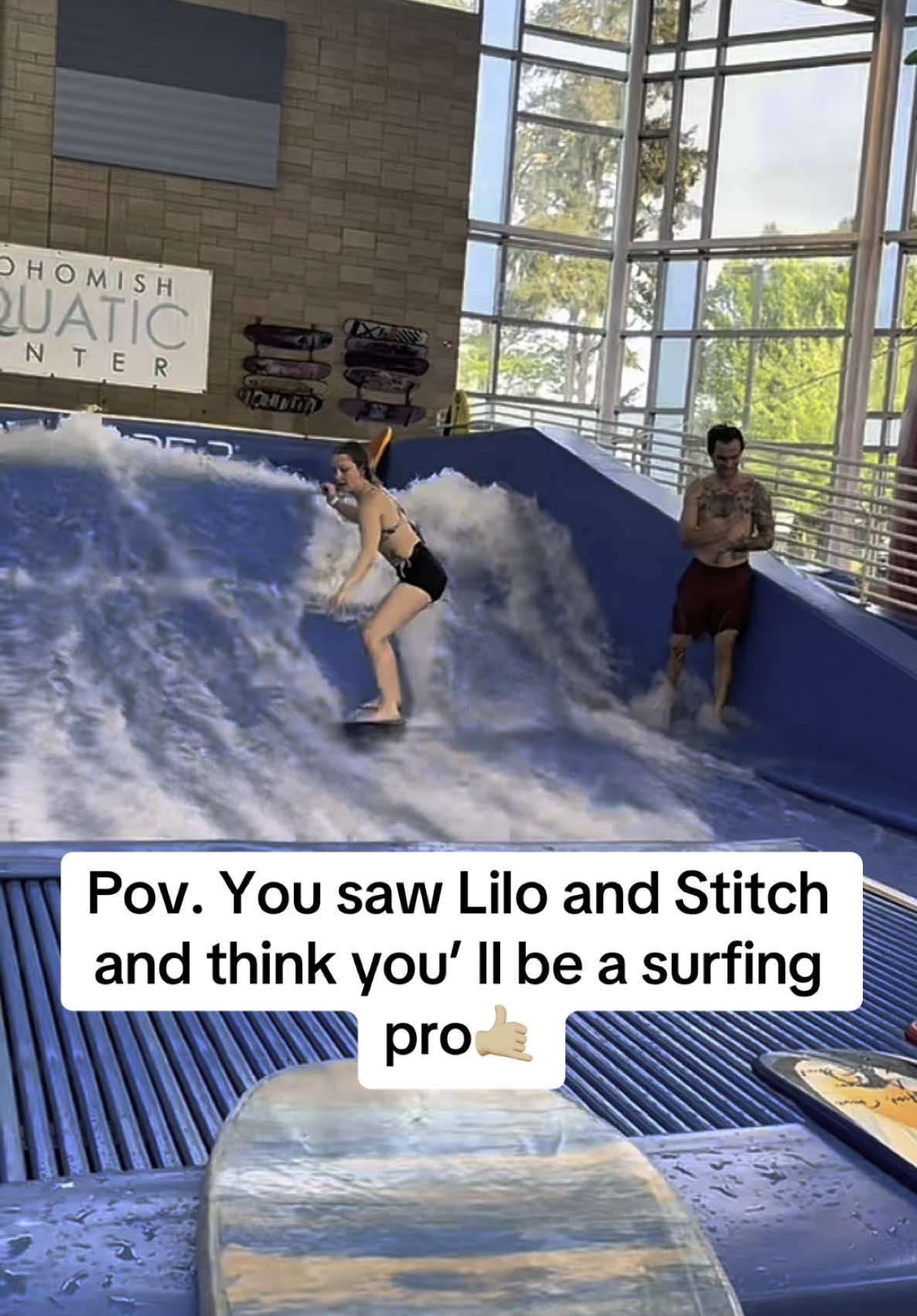 The instructor tried to be supportive of my dreams🏄🏼‍♀️ #surfing #fail #flowrider #liloandstitch 