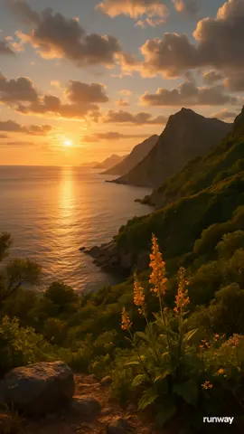 Generated video using an image created in ChatGPT with Runway  Original Prompt  Create a high-quality realistic image showing a natural landscape with elements that allow for smooth animation later on. The scene should feature a cinematic view of a mountainous coastline at sunset, with the calm sea reflecting the orange tones of the sky. Add soft clouds in the sky, suitable for being animated in slow motion. Include vegetation on the slope, with some leaves and flowers that can be lightly animated by the wind. The image should have depth, with foreground elements (such as rocks or branches), mid-ground (the slope), and background (mountains and sky). The style should be hyper-realistic, with natural light and soft shadows. #learnai #AI #Runway #openai #landscape 