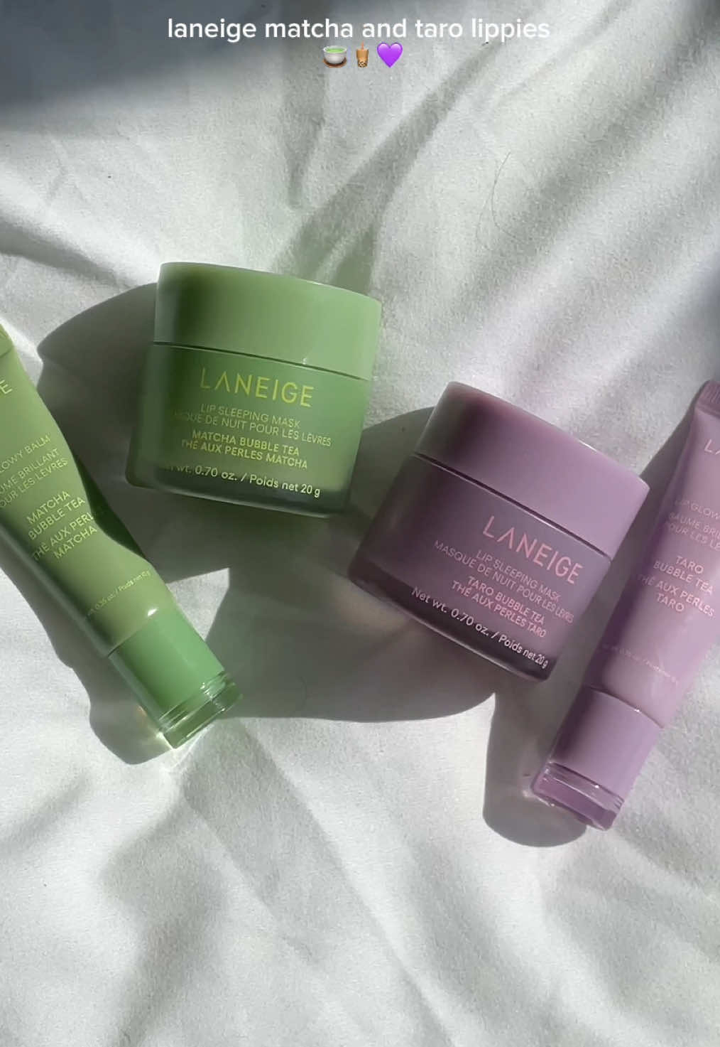 laneige matcha and taro lippies 🍵🧋💜 @laneigeca  #laneige #matcha #taro #unboxing 