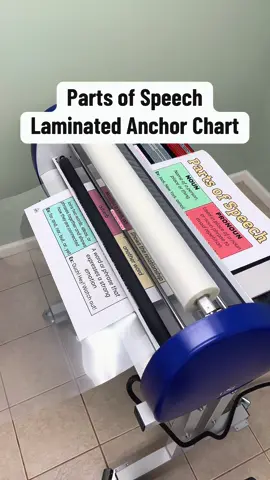 Laminating this Parts of Speech anchor chart for classroom durability! Perfect for ELA teachers, homeschoolers & back to school prep. #classroomdecor #AnchorCharts #teachertok #teacher #elateacher #englishteacher #creatorsearchinsights 