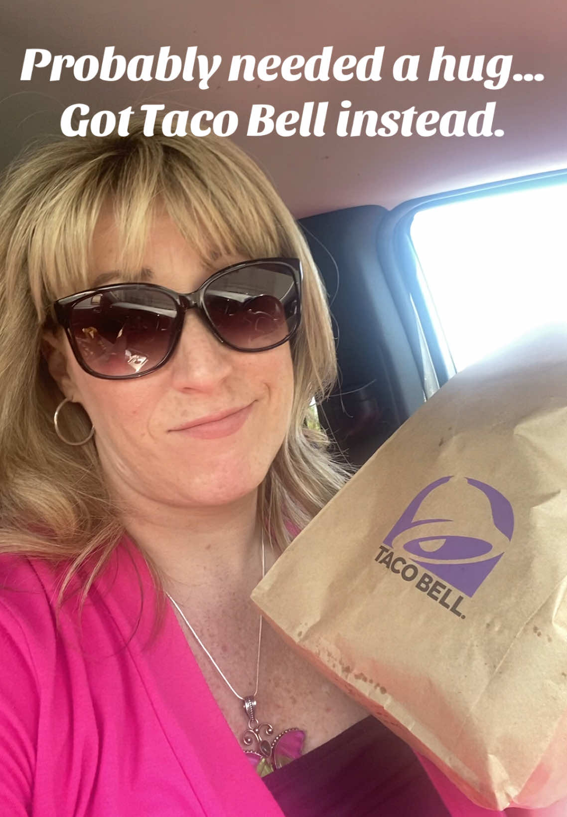 Probably needed a hug…but ended up eating Taco Bell instead. 🤷🏼‍♀️ #probablyneededahug #tacobell #stresseatting #worklife #momlife #itiswhatitis #viralsound #viralvideo #trending 