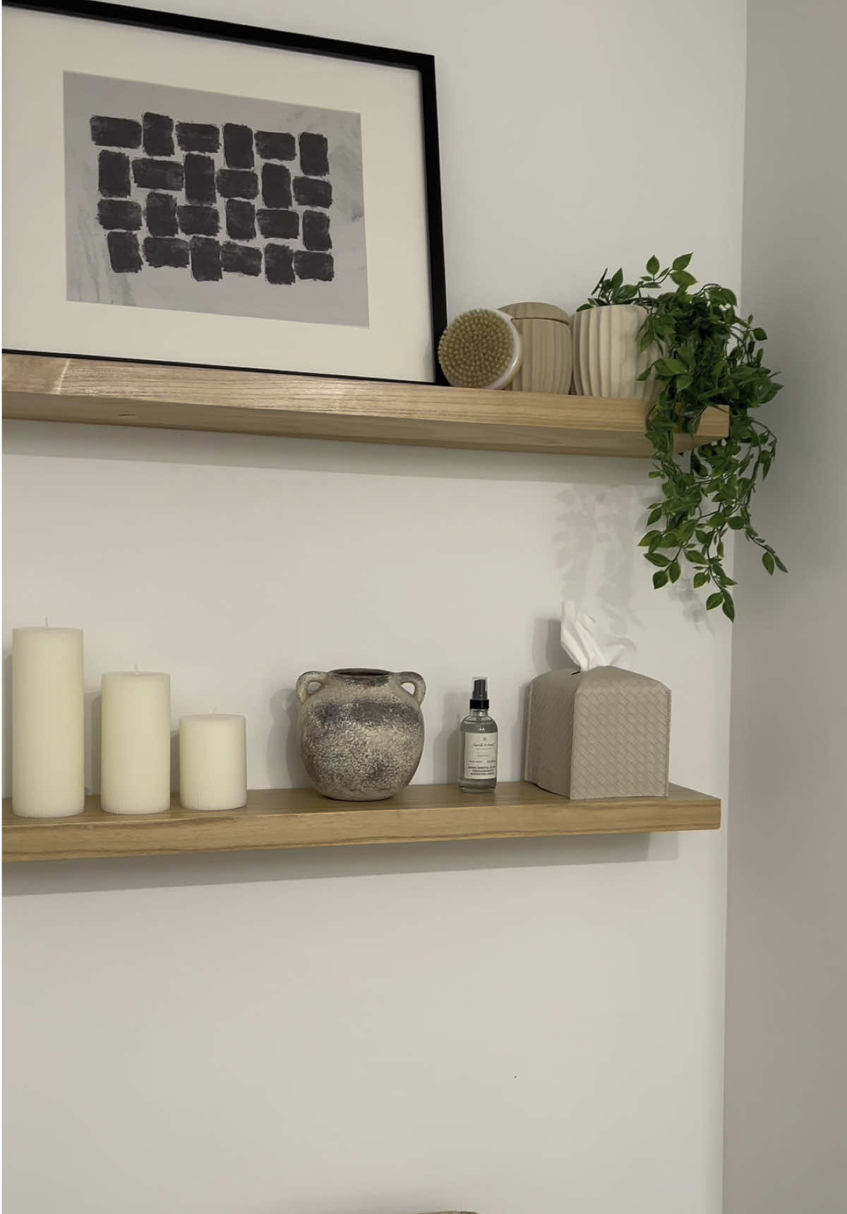 Love the simplicity of my bathroom faucet shelf decor. 🤍  Check out my latest YouTube video to get the behind the scenes of the process of my decorating.  #aesthetichome #aesthetichomedecor #amazonhomefinds #bathroomshelves #bathroomdecor #shelfdecor 
