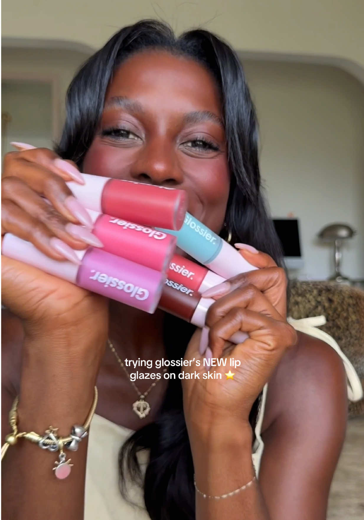 trying glossier’s NEW lip glazes ⭐️ these are lip oils that don’t feel like vegetable oil so i like that #glossier #blackgirlmakeup #lipoil 