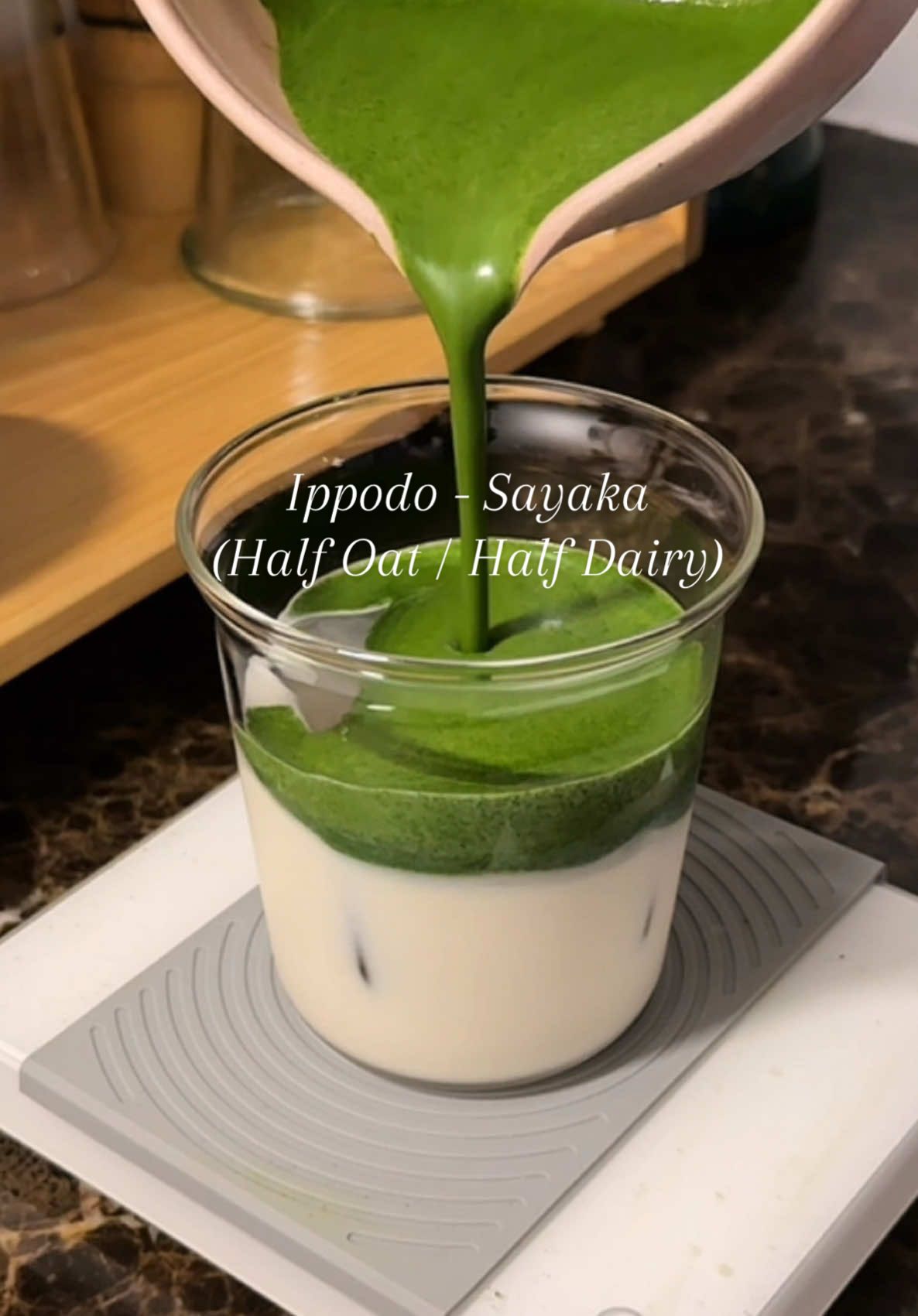 Mixing oat milk and whole milk for today’s matcha latte🫶🏻