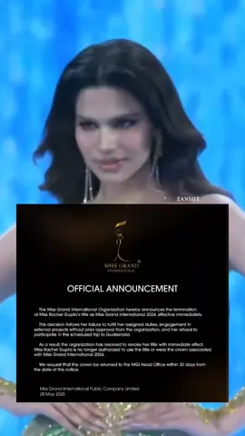 ‼️Rachel Gupta did not STEP DOWN‼️ She was officially revoked by Miss Grand International. Her title as Miss Grand International 2024 was terminated due to failure to fulfill duties and unapproved engagements. Rachel herself said it was her decision to stepped down but the MGI Org said she got revoked 🤔 #rachelgupta #missgrandinternational2024 #mgi2024 #missgrandinternational #mgi #zansht 