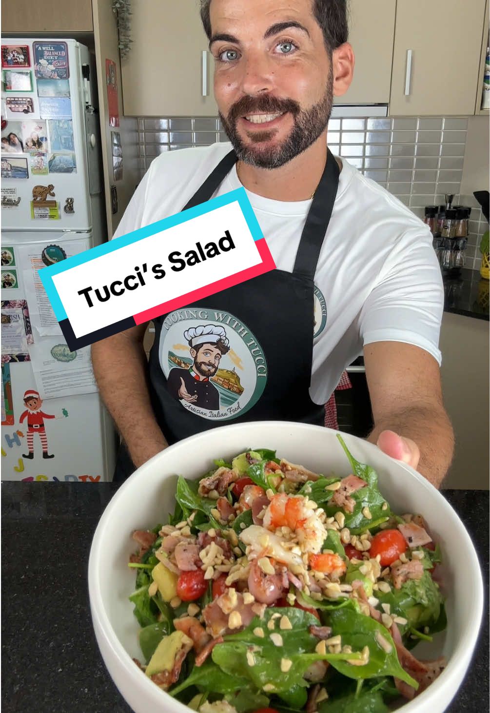 Tucci’s Salad | A Bold, Fresh & Crunchy Combo This isn’t just a salad — it’s a flavour bomb. Smoky bacon, juicy prawns, creamy avocado, fresh greens, cherry tomatoes, and crunchy nuts all tossed in lime juice and olive oil. Light, balanced, and totally satisfying. Ingredients (serves 2): 	•	2 handfuls baby spinach 	•	1 handful rocket 	•	150g bacon (pan-fried until crispy) 	•	150g prawns (pan-seared) 	•	½ avocado (diced) 	•	Juice of ½ lime 	•	12 baby cherry tomatoes (halved) 	•	Crushed almonds or peanuts to taste 	•	Salt and olive oil to taste Toss everything gently and serve fresh! #cookingwithtucci #tuccissalad #prawnsalad #baconlovers #italianinspiredsalad #freshandcrunchy #healthyeats #saladideas #saladrecipe #summerfood #fyp 