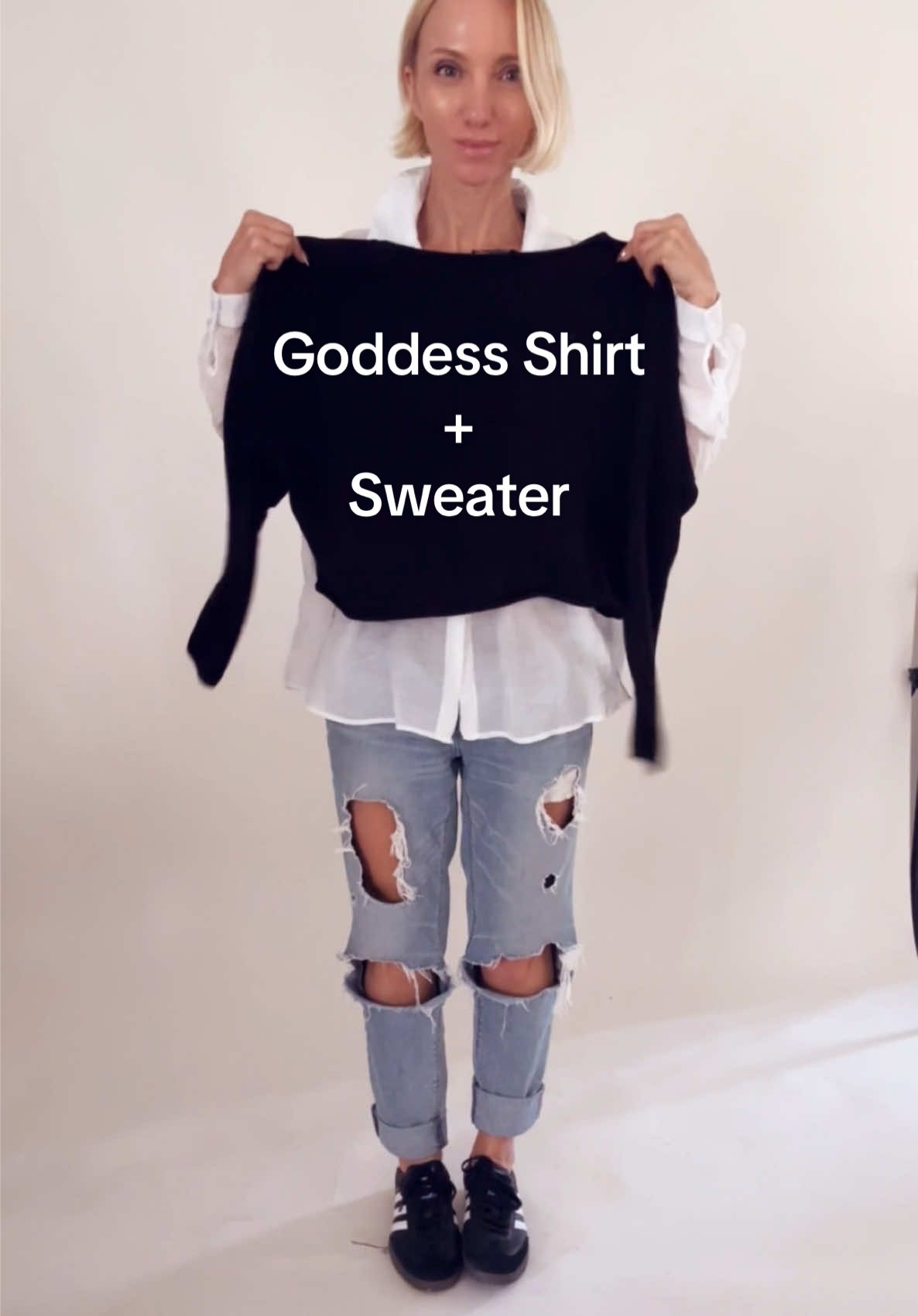 What do you think of this casual look? Goddess Shirt and sweater 🤓❤️ (All is Well necklace is an important reminder to give you ease as you go through your day ) #stylewithkatia #katiadesigns #50pluswomen
