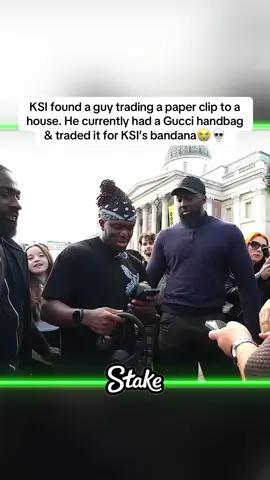 KSI found a guy trading a paper clip to a house. He currently had a Gucci handbag & traded it for KSI’s bandana😭💀 #Ksi #jj #sdmn #sidemen #w2s #prime #youtube #mrbeast #loganpaul #boxing #jj #london #uk #irl #stream 