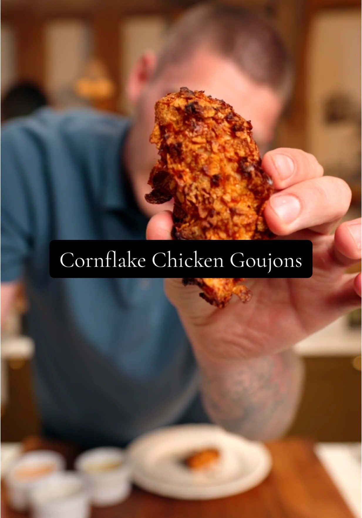 Crunchy Chicken Goujons (+ 3 quick dips) 🔥 Ingredients: – 2 chicken breasts, cut into strips – 1 egg – 1 tbsp mayo or hot sauce or yogurt (helps the crumb stick even more) – 1 large bag crisps or 60–80g cornflakes, crushed – 1 tsp garlic granules – 1 tsp smoked paprika – Salt & pepper – Spray oil Quick Dipping Sauce Options: – Sriracha Mayo: 2 tbsp mayo + 1 tbsp sriracha + squeeze lemon juice + salt, pepper, garlic – Ranch Yogurt Dip: 3 tbsp Greek yogurt + pinch garlic + squeeze lemon + herbs + salt & pepper – Hot Honey Mustard: 1 tbsp mayo + 1 tsp Dijon + 1 tsp honey + pinch chili flakes 1.	Season the chicken: Toss chicken strips in garlic granules, paprika, salt, and pepper. 	2.	Make egg: In a bowl, beat 1 egg, Add the chicken and coat well. 	3.	Crumb: Drop crushed crisps or cornflakes into a bowl or bag. One by one, coat each chicken strip in the crumb. Press well to stick. 	4.	Air fry: Place coated strips in the air fryer basket. Spray lightly with oil. Cook at 200°C for 10–12 minutes, flipping halfway. (I didn’t add any oil and they were fine. Check after 6-8 minutes) 	5.	Serve: Mix your chosen dip and serve with the crispy goujons #fromscratch #familydinner #30minutemeals #onepanmeal #chickengoujons #chickentenders 