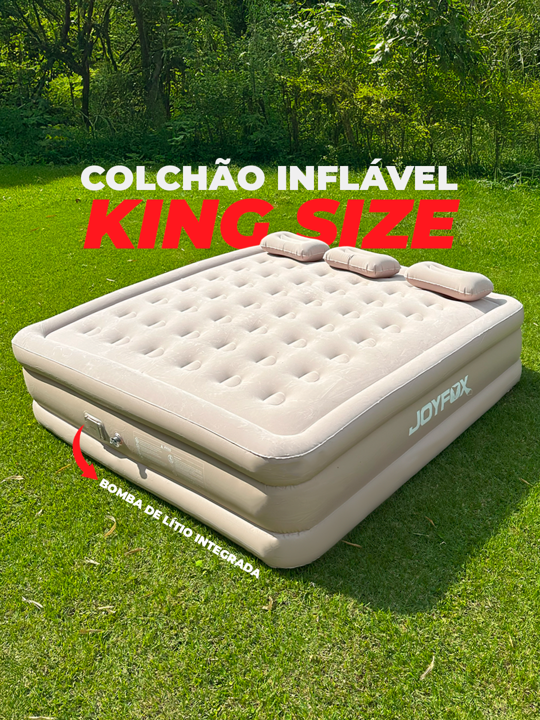 Cansado de noites desconfortáveis na barraca? 🌙✨ Apresentamos o colchão JOYFOX que vai fazer você e sua família dormirem como reis na floresta! Conforto de hotel e resistência selvagem, em poucos minutos! 🔥 Especificações Técnicas: 🛏️ KING SIZE (206x187x46cm) - Espaço para 3-4 pessoas! ⚡ Inflação e deflação ultrarrápida: Bomba de lítio integrada (cheio em poucos minutos) 🛡️ À prova de tudo: PVC resistente (suporta até 350kg) 🎒 Portátil premium: Só 8kg na bolsa resistente (40x40x20cm) 🔋 Bomba USB removível (Sem preocupação com tomadas!) 💬 Comente 