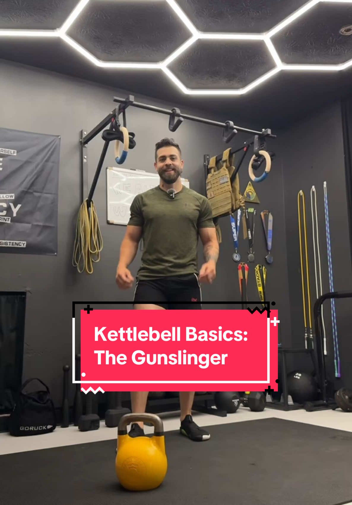 Learn Kettlebell basics so you can start reclaiming your mobility, endurance, and functional strength!  Today I teach you the gunslinger, it is the progression to get you strong enough to advance into other moves like the KB Snatch! #Fitness #kettlebells #homeworkouts #motivation #inspiration #cardio #kettlebellworkout #healthyliving 