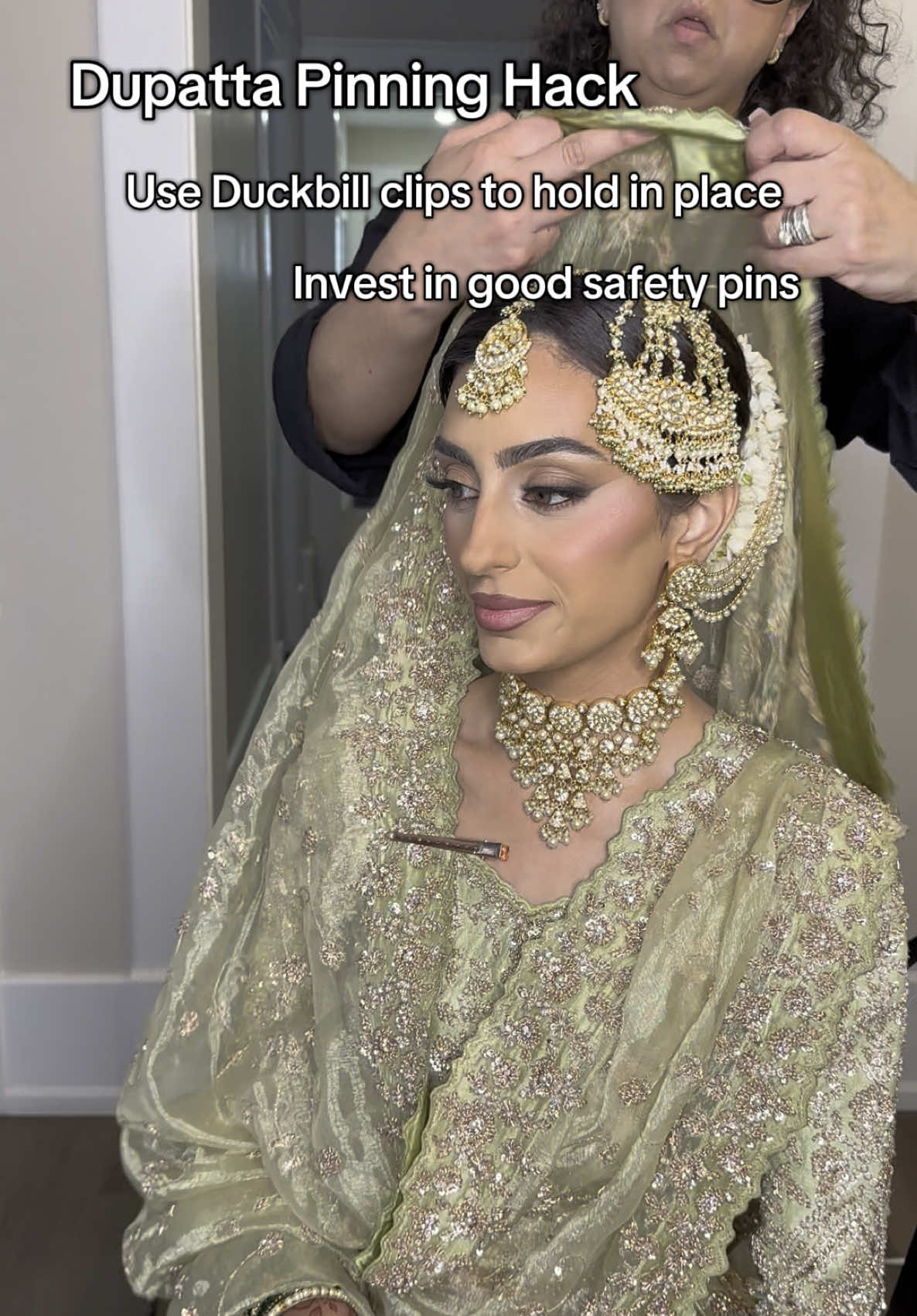 Dupatta Pinning Hack!  1: Invest in GOOD safety pins. My friends at @Jeet’s Accessories @Jeets Accessories LLC have THE best. It’s actually time for me to stock up  2: Use #duckbill clips to hold the #dupatta in place. There is always adjustments and it sure beats having to pin and re-pin @Aamenah  @Sana Zaid  @Zaina Hussain  @Zaricanada  #southasiantiktok #southasian #weddingtok #desibride #dulhan #indianwedding #bridaltiktok 