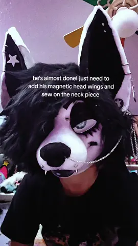 Angel! my first moving jaw fursuit head! I thought using fleece would make it easier to fur,, shaving it down is still too intimidating for me.  after he's finished, I'll share some commissions I'm working on! ---- #fursuit #fursuiter #fursuithead #fursuitmaker #furryoc #furryfyp #furry #furrytiktok #3dprintedfursuit #skulldogfursuit #cosplay #