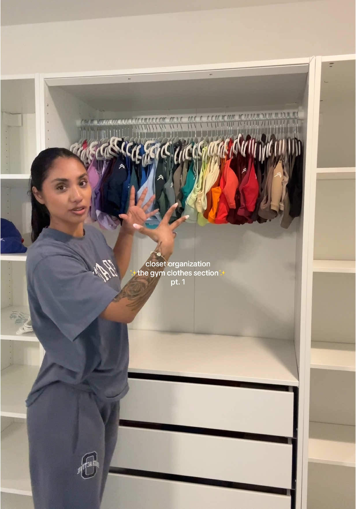 Room closet organization - working on the gym clothes side - filming it all for YT: sulystanton , stay tuned ❤️ #fyp #gymcloset #closetorganization #closettour #gymgirl 
