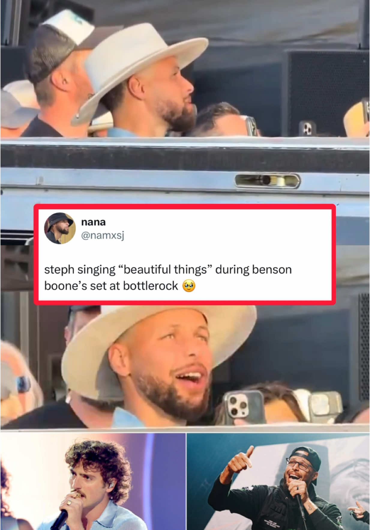 Benson Boone got Steph in his bag 🥹💔 (via namxsj/X) #stephcurry #stephencurry #warriors #NBA #nbabasketball #basketball #bensonboone #music 