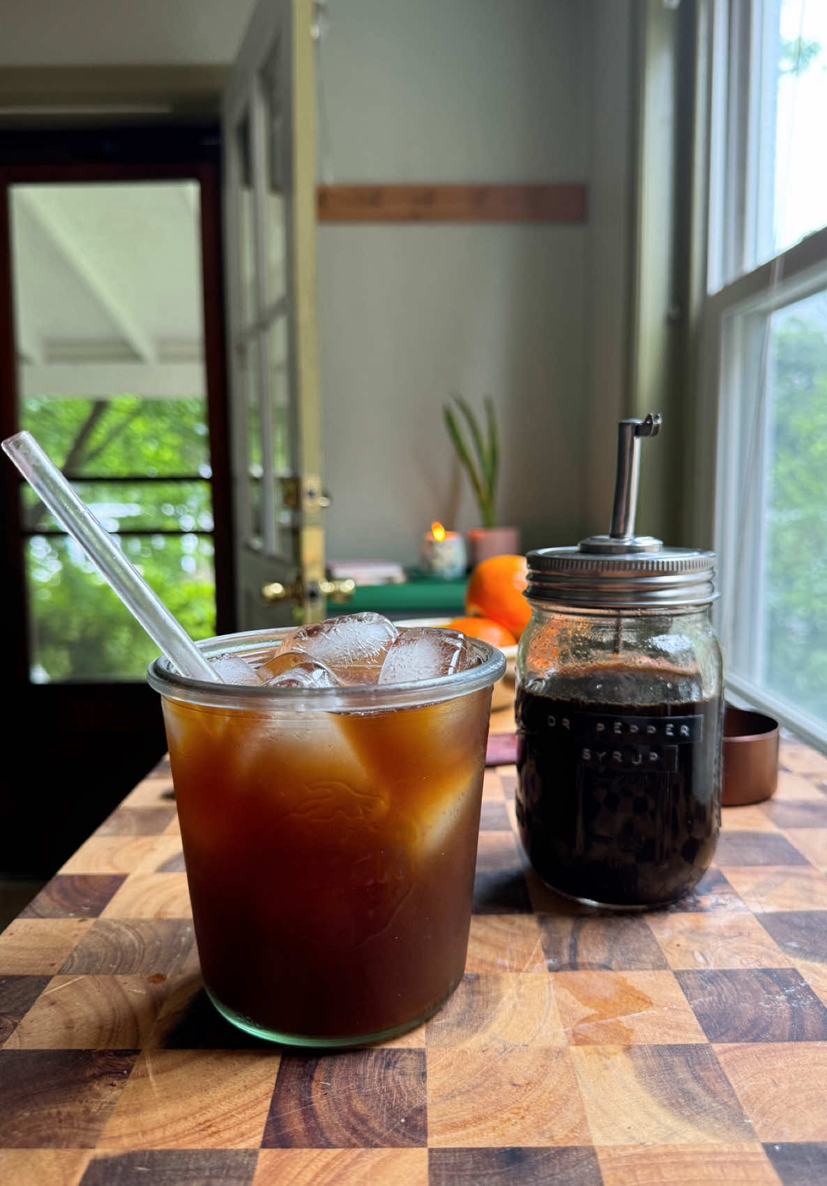 Homemade Dr. Pepper anyone?? 🙂‍↕️🥤  Dr. Pepper Syrup Recipe  Ingredients  1 cup coconut sugar  1/2 cup water  2 cinnamon sticks 1/2 inch piece of lemon, lime, and orange peel 1/2 tsp each ground nutmeg, cloves, cardamom, ginger, and star anise  1 tbsp fresh ginger  1 tbsp peppercorns  1 cup cherries  1 tsp bitters  1 tsp vanilla  1 tsp almond extract Directions  - In a saucepan, caremelize the coconut sugar over low-medium heat until it starts to get sticky. Then, pour in the water, stir, and bring to a simmer.  - Add in the zest, cinnamon sticks, spices, ginger, peppercorns, and cherries. Continue to let simmer on low for about 5-10 minutes, or until it starts to thicken.  - Strain and stir in the vanilla, almond extract, and bitters.  - Store in the fridge for up to 2 weeks. Then, to make a cup of Dr. Pepper, use 1 part syrup to 3 parts seltzer. Stir and enjoy!!
