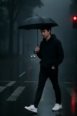 cara buat gambar, buka chatgpt, masukan fotomu, klik prompt.  A young man walks slowly across a quiet city street on a rainy day. He’s dressed in a black hoodie, black pants, and white sneakers that stand out against the dim, moody surroundings. In his hand, he holds a black umbrella, shielding himself from the light rain that falls gently around him, visible as faint streaks under the streetlight. Only one red traffic light glows in the background, its reflection shimmering on the slick, wet asphalt. In the distance, the faint outline of a car fades into the fog. Tall trees line both sides of the road, their trunks and leaves gradually vanishing into the mist. The man walks with one hand in his pocket and a calm expression, creating a cinematic, introspective atmosphere. The color palette is muted with soft contrast, evoking a sense of quiet, solitude, and gentle melancholy. cara buat video, buka klingai, ketik prompt.  A cinematic scene showing a young man walking slowly across a zebra crossing on a rainy, foggy evening. He is wearing a black hoodie, black pants, and white sneakers, holding a black umbrella above his head. The wet asphalt reflects the red glow of a traffic light in the distance. Light rain and mist fill the air, while tall trees and distant headlights fade into the fog. The camera follows him from the side, moving parallel to his walking direction in slow motion, creating a dramatic and emotional effect. The atmosphere feels calm, melancholic, and introspective, with soft lighting and very natural movement. #viral #viraltiktok #fyppppppppppppppppppppppp #capcut #fyp #ai #fypage #sad 