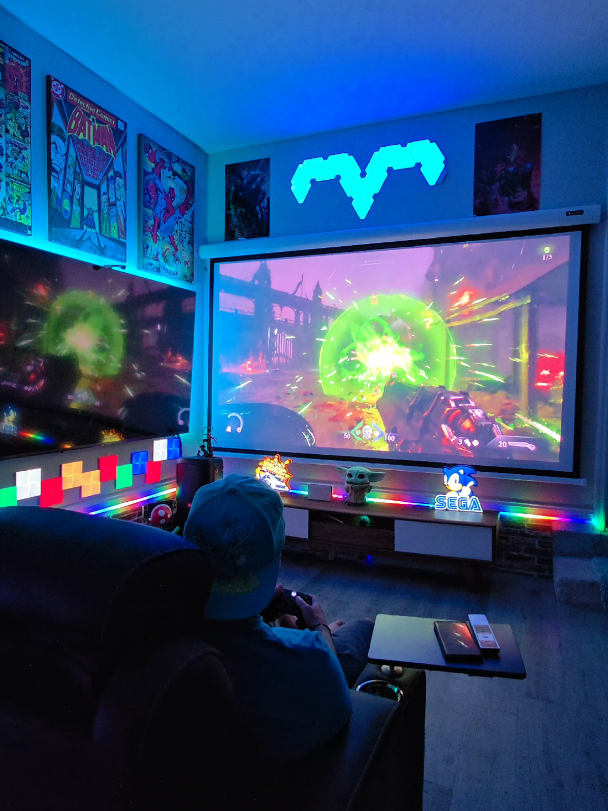 Let’s play DOOM on a giant screen 😱 4k Triple laser projector #setup #bigscreen #doomthedarkages #doom #gameroom 