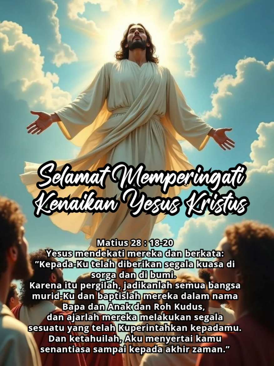 Selamat Memperingati Kenaikan Yesus Kristus 29 Mei 2025 Matius 28:18-20 TB
 [18] Yesus mendekati mereka dan berkata: ”Kepada-Ku telah diberikan segala kuasa di sorga dan di bumi. [19]  Karena itu pergilah, jadikanlah semua bangsa murid-Ku dan baptislah mereka dalam nama Bapa dan Anak dan Roh Kudus, [20] dan ajarlah mereka melakukan segala sesuatu yang telah Kuperintahkan kepadamu. Dan ketahuilah, Aku menyertai kamu senantiasa sampai kepada akhir zaman.”
 
 #kenaikanyesuskristus #ayatfirmantuhan #ayatalkitab   #firmantuhan #saatteduh #renungan #tuhanbaik #yesus #gereja #alkitab #pujianpenyembahan #doa  #fyp 